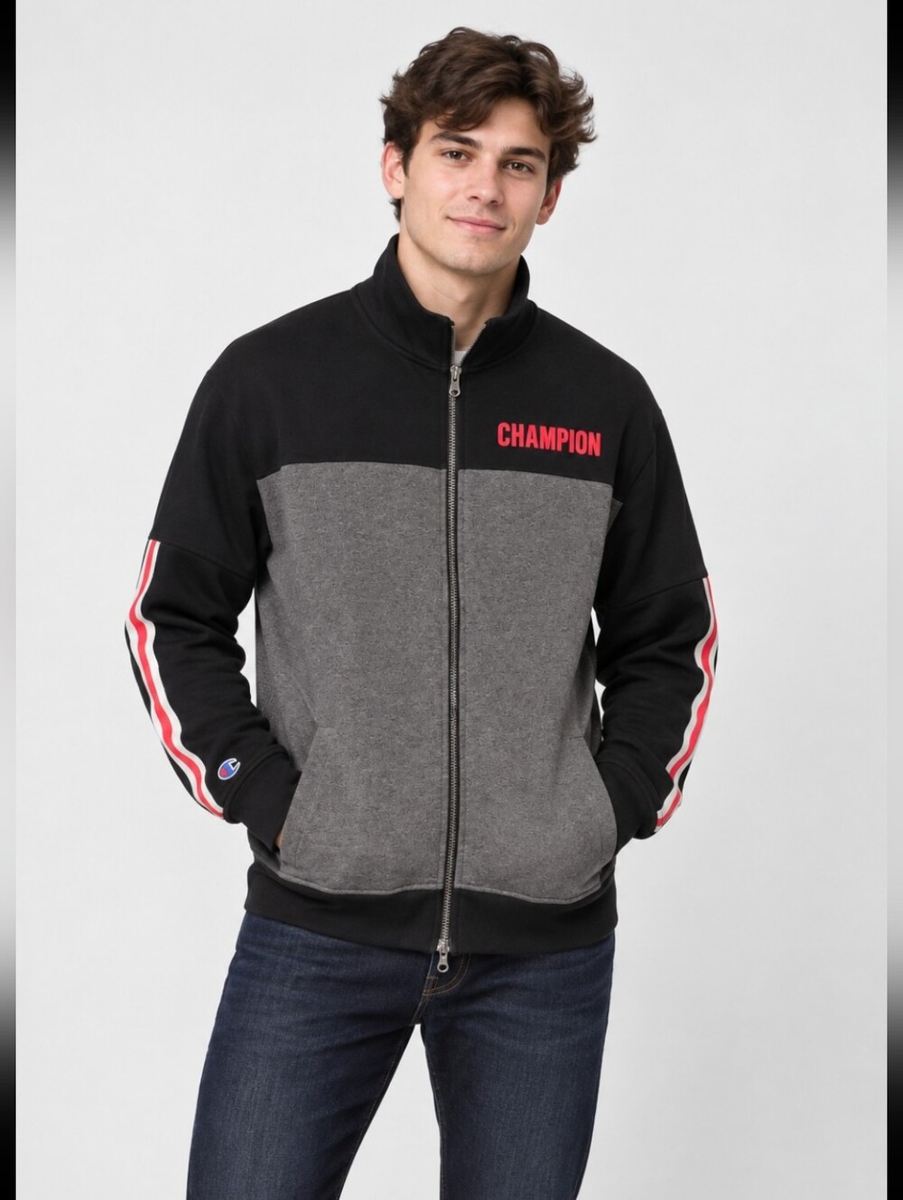 Champion Men's Powerblend Full-Zip Jacket Colorblock Black Grey Sleeve Tape Size